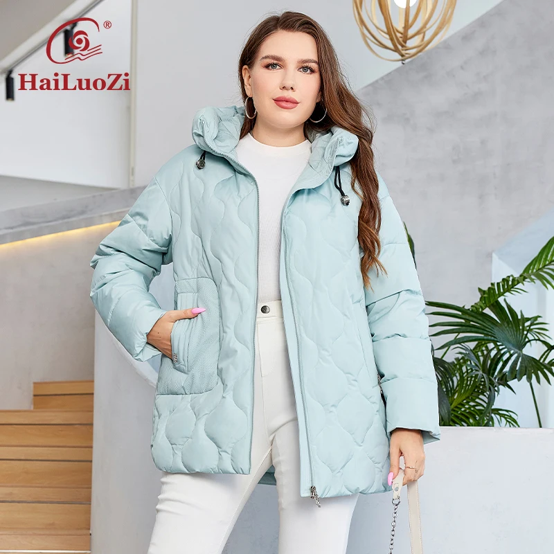 HaiLuoZi 2023 New Plus Size Winter Down Jacket Short Zipper Quilted Design High-quality Solid Color Hooded Warm Coat Women 1150