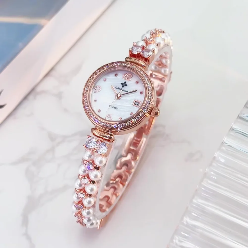 CLARE SHINE Luxury Pearl Series Quartz Women's Watches with Diamond Inlaid Imported Movement Elegant Ladies Watches Necklace Set