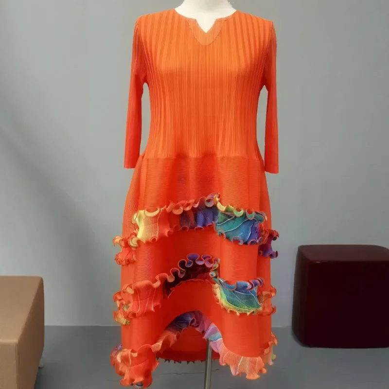 

Women's Loose Peplum Round Neck Long Sleeve High Waist A-Line Dress Miyake 2025 Summer New Wave Fashion Casual Pleated Dress