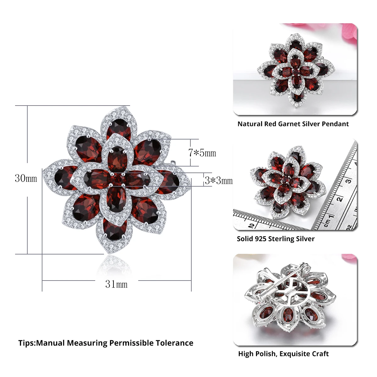 Natural Red Garnet Sterling Silver Pendant 10.5 Carats Genuine Birthstone Original Design Fine Jewelrys S925 Rhodium Plated Gift