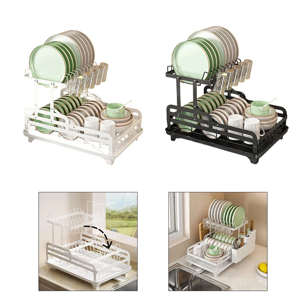 

2-Tier Large Capacity Dish Drying Rack With Utensil Holder & Drainboard Kitchen Countertop Storage Rack Cup Holder