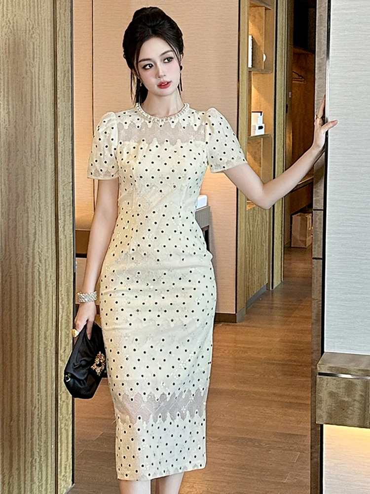 Women Clothes Retro Lace Dot Print Sheer Pearl O-Neck Slim Midi Pencil Dress Elegant Lady Fashion Party Vestidos Formal Occasion