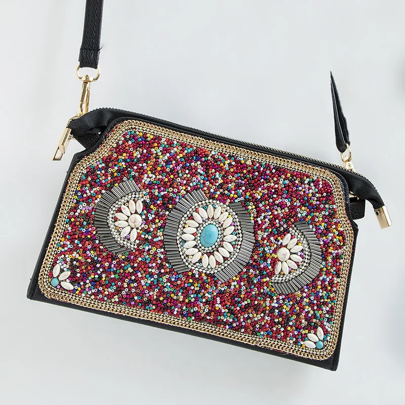 

Jade Ethnic Ornament & Leaf Pattern Handmade Beaded Crossbody Bag Women Boho Retro PU Phone Pouch Floral Decorative Purse