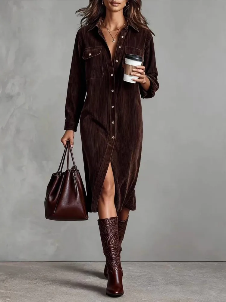 

French Retro Solid Suede A-Line Party Dress Woman Lapel Single Breasted Shirt Dress Fall Long Sleeve Pocket Slit Elegant Dresses