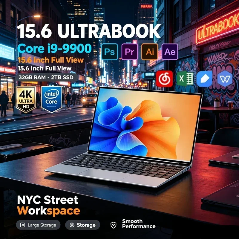 15.6 Inch Slim Notebook Intel I9‑9900 32GB RAM 2TB SSD Win11 WiFi6 BT5.2 for Gaming Office Daily Use