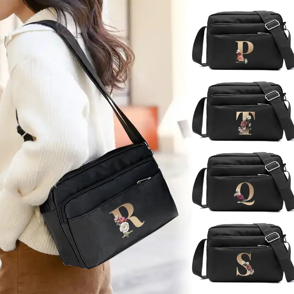 New Fashion Multi-layer Travel Leisure Simple Storage Bag Black Gold Letter Series Printing Pattern One Shoulder Crossbody Bag