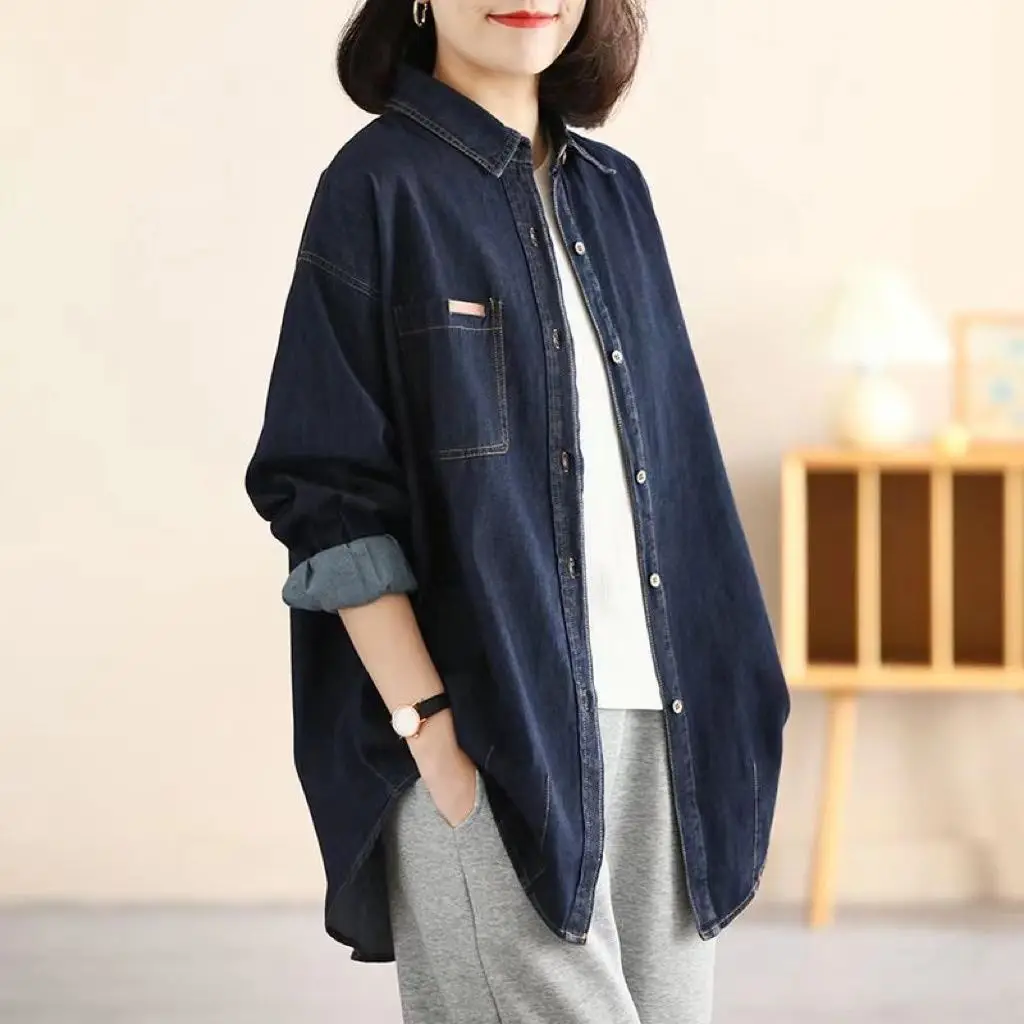 Spring Fashion Women Denim Blouse Basic Single Breasted Jean Shirts Pocket Long Sleeves Thin Blusas Mujer Lapel Cowboy Tops D283