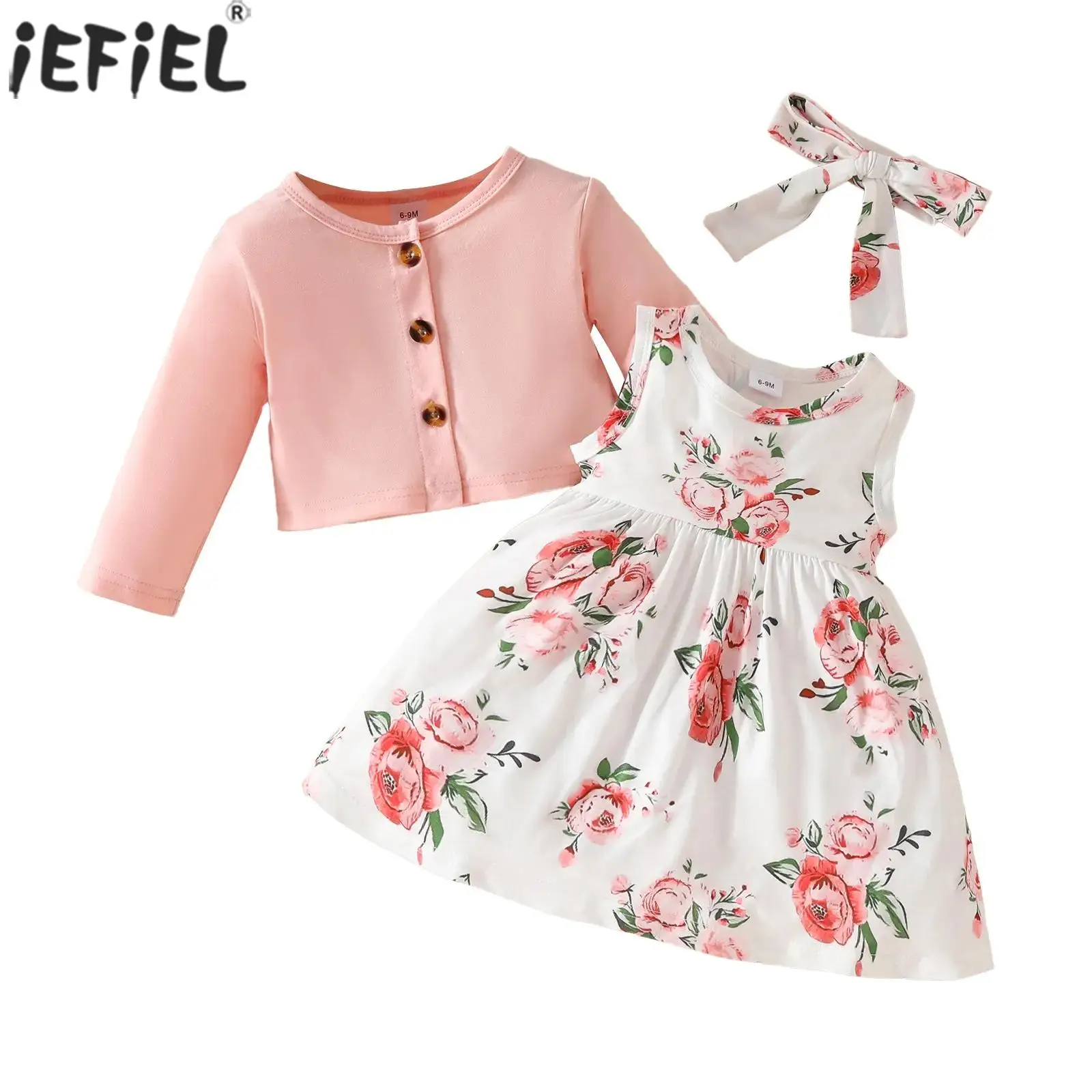 

Infant Baby Girls Spring Fall Clothes Long Sleeve Round Collar Tops Coat And Floral Print Sleeveless Dress Photography Outfits