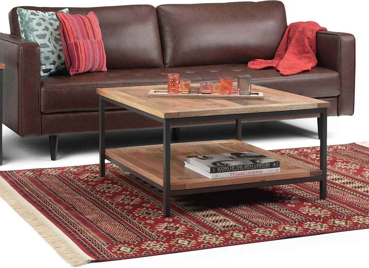 Simplihome Skyler Solid Mango Wood And Metal 34 Inch Wide Square Modern Industrial Coffee Table In Natural, For The Living Room