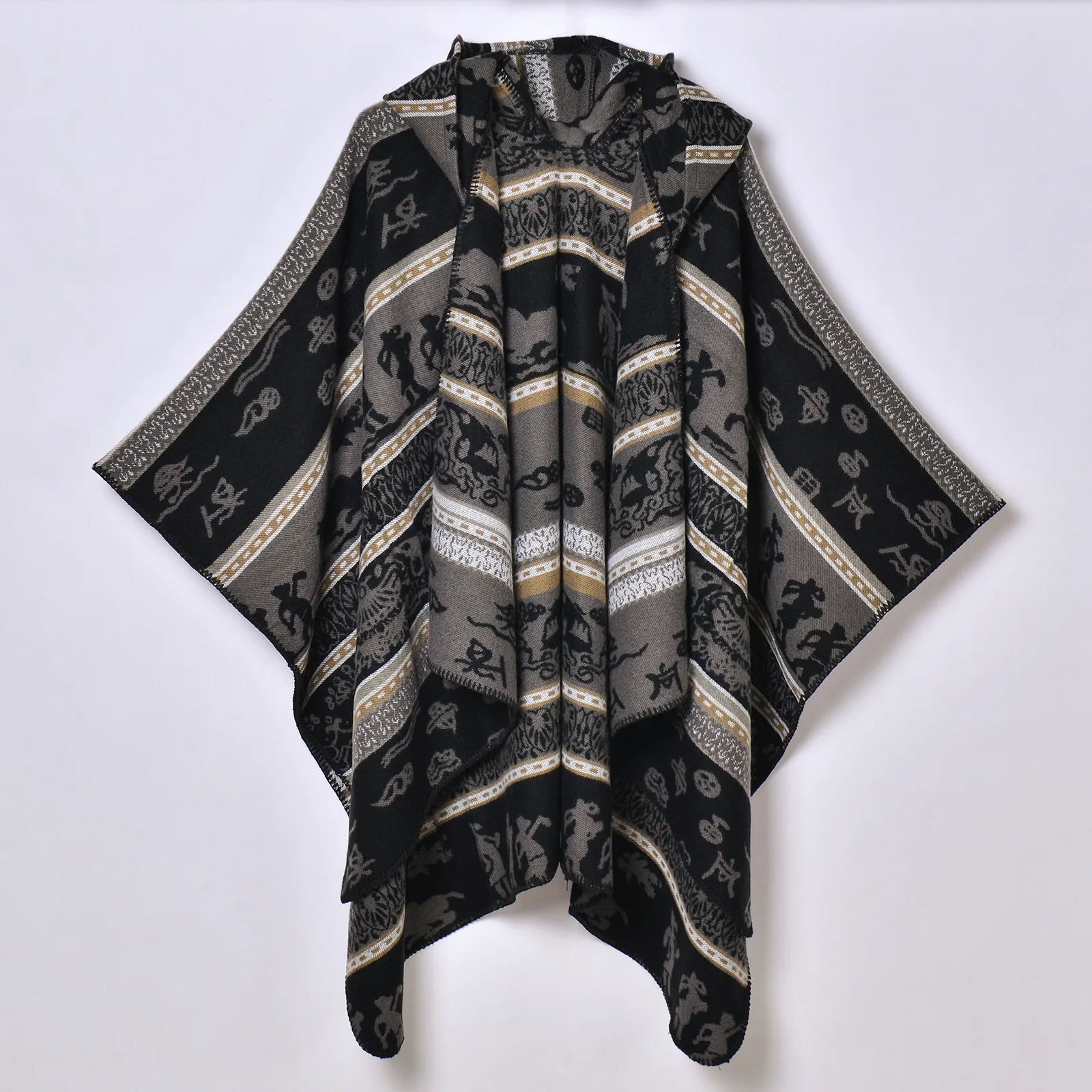 Ladies' autumn and winter ethnic-style warm hooded cape shawl Festival cape jacquard thickened shawl winter shawl women
