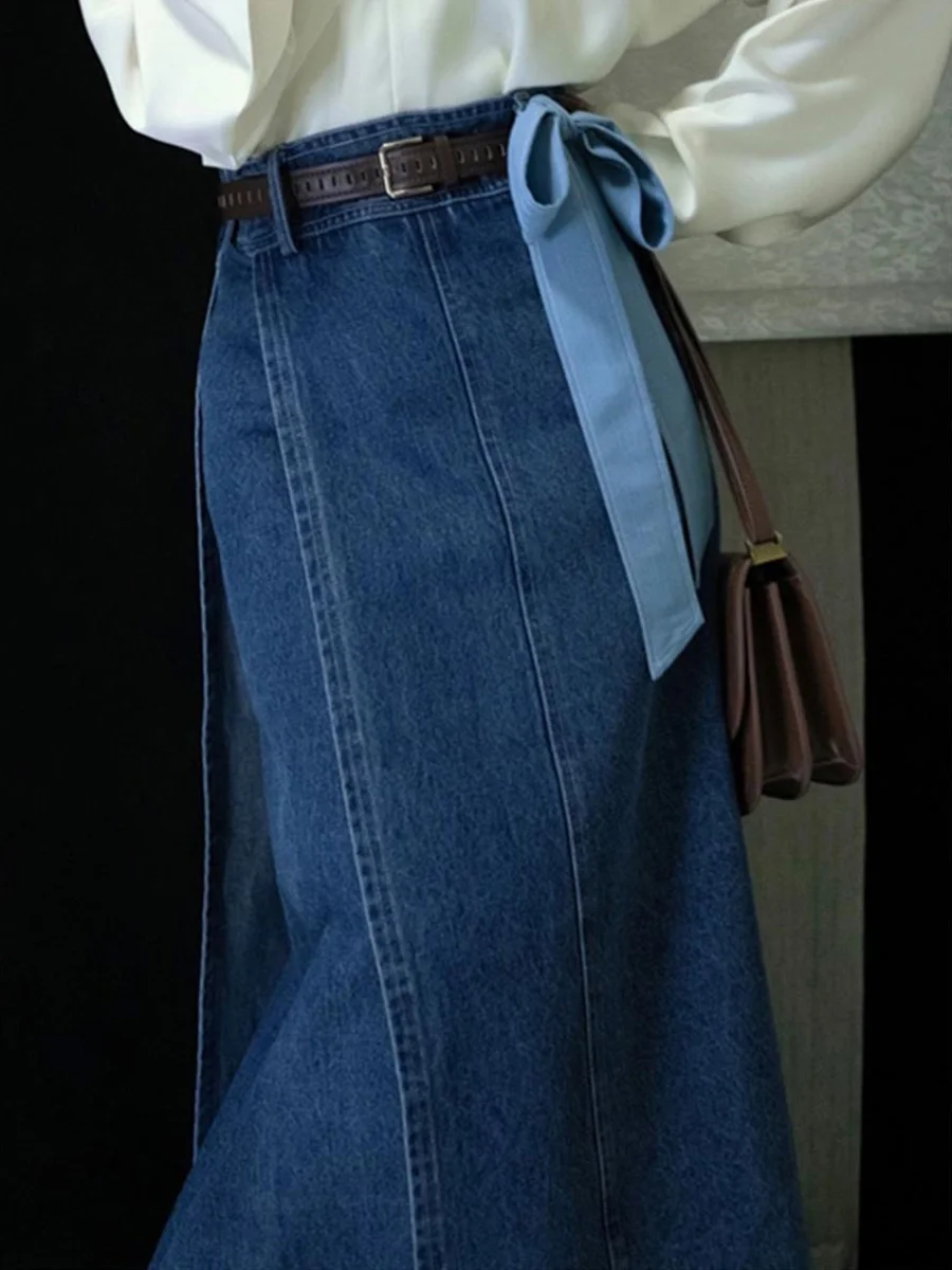 กระโปรงยีนส์เอวสูงสไตล์วินเทจแบบจีนใหม่ กระโปรงยาวปานกลางสำหรับผู้หญิง คอลเลคชั่นฤดูใบไม้ร่วง วิดีโอพิเศษ กระโปรงดีไซน์โดดเด่นไม่ซ้ำใคร