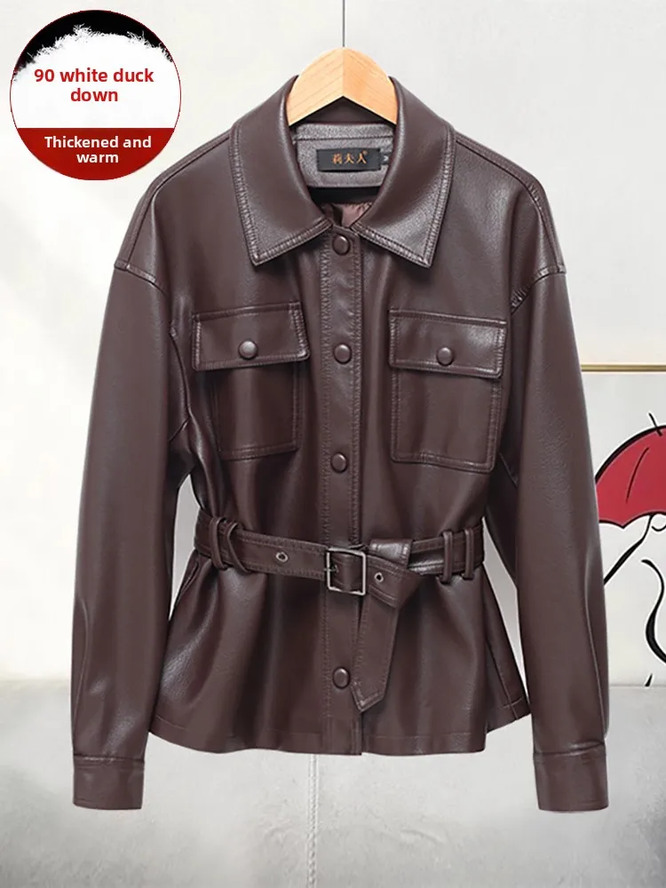 

Real Leather ort Jaet Women's Waist-Cinching down Jaet 2025 Winter New Sle Retro Biker Leather Coat Warmth