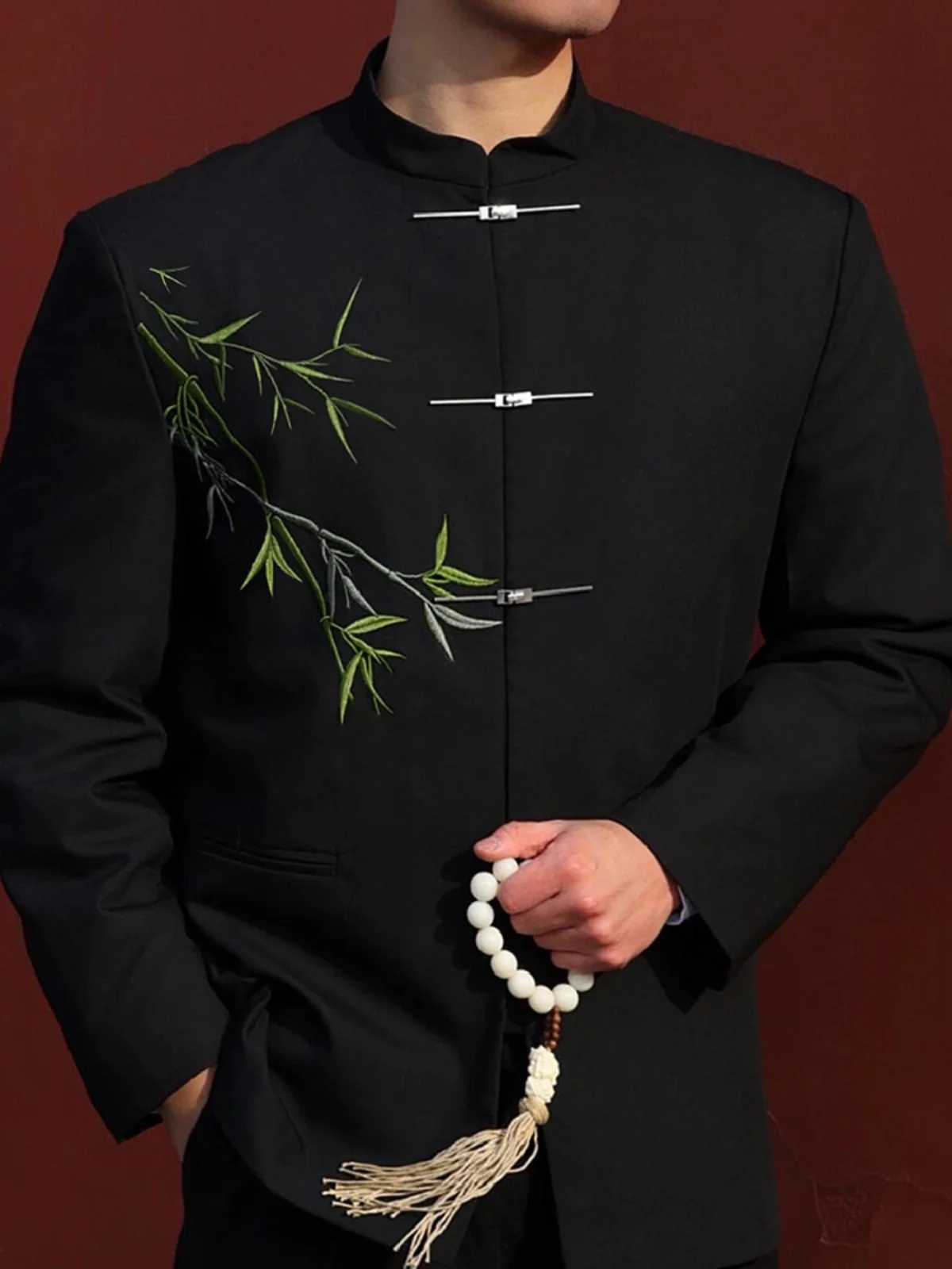 

New Chinese Sle Men's Suit Jaet Stand Collar Casual Western Clothes Bamboo Aircrt Bule High-End Feeling Tang Costume