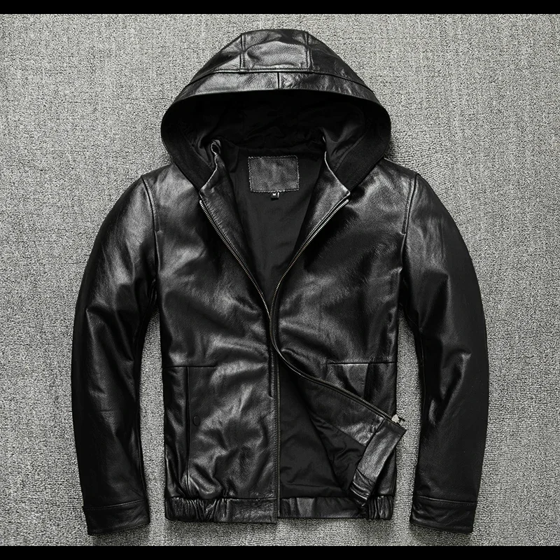 LNY Shop Top.Dropship.sales men genuine leather hoody.Plus size black cowhide coat.quality outdoor fashion leather jacket.