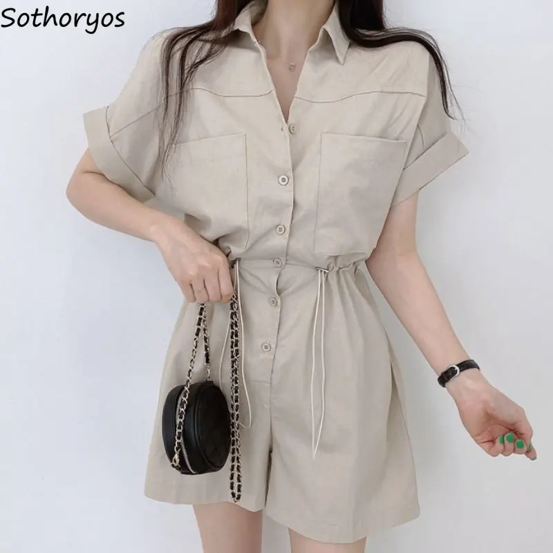 

Rompers Women Loose Button Daily Summer Ladies Comfortable Casual Trendy Kawaii Retro All-match Elegant Chic Korean Style Simple