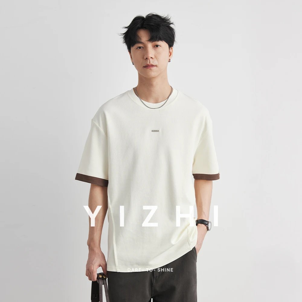 

Men's Heavyweight 220g Contrast Cuff Small Label T-Shirt Summer Crew Neck Loose Breathable Skin-Friendly Textured Short Sleeve