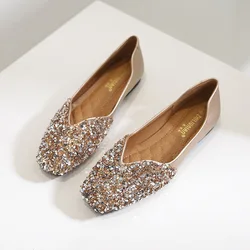 Gentle Women Shoe Spring Summer Fashion Sequins Single Shoe Rhinestone Flat Shoe Allmatch Large43 Leather Shoe Bridesmaid Shoe