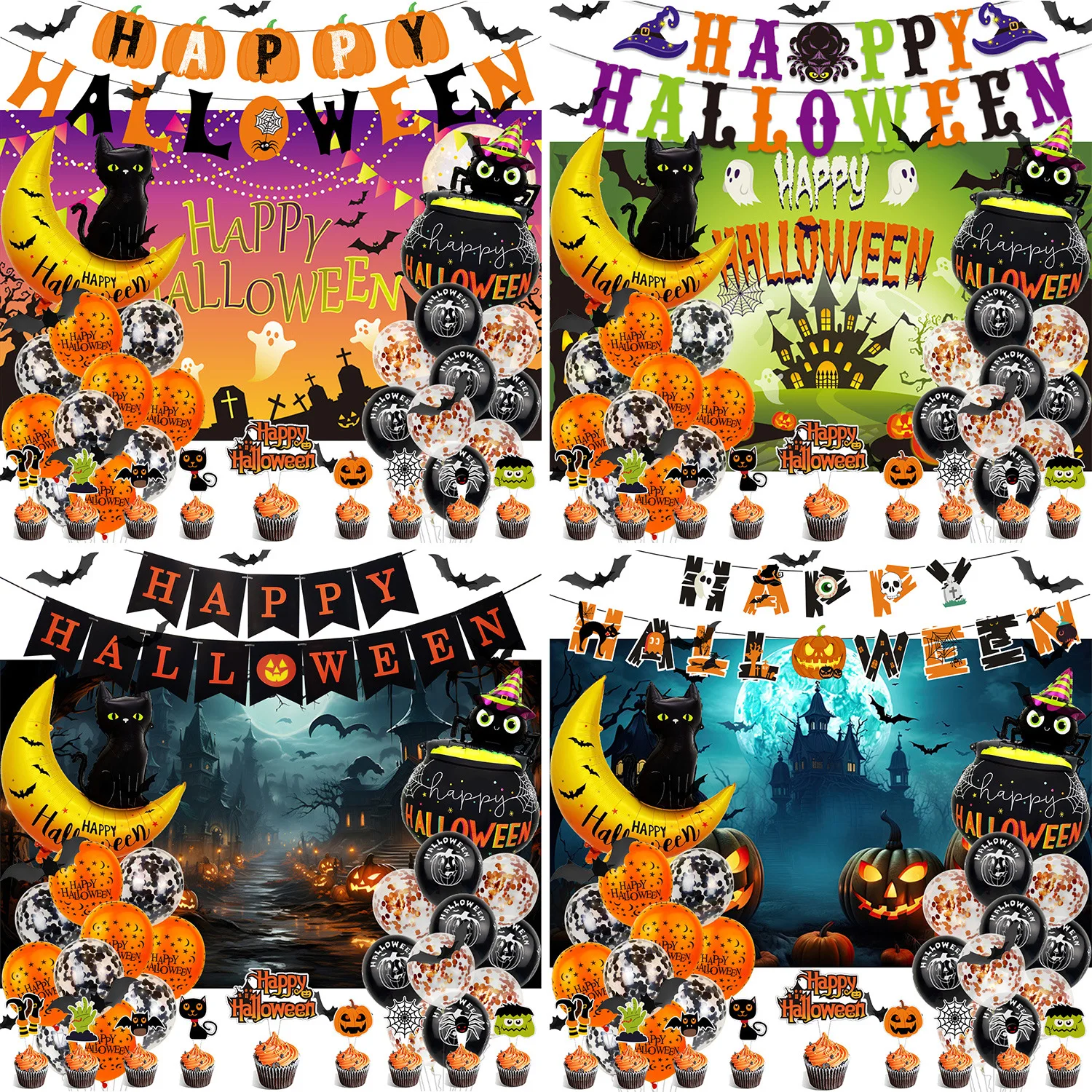 

Halloween Party Decorations Supplies Banner Balloon Decorations Set with Happy Halloween Tablecloth Banner Spooky Cat Balloon