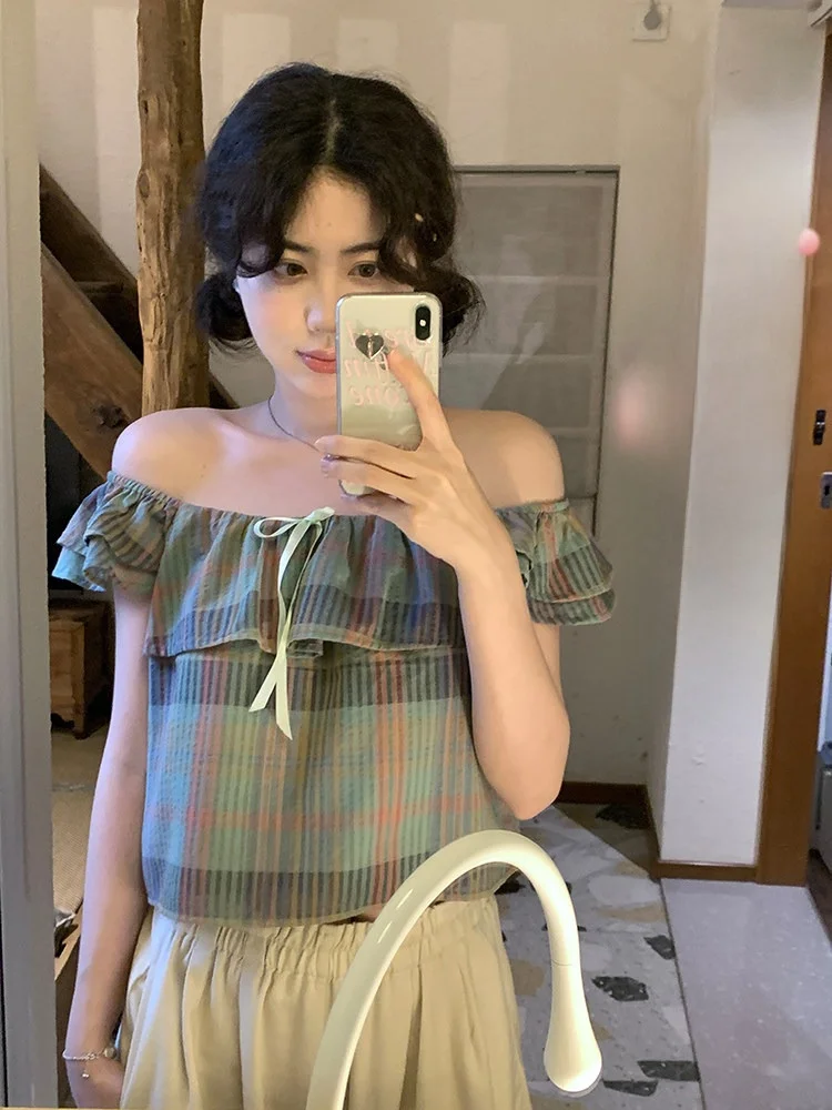 

PtonUmi Retro Plaid Design Women's irt Summer ort Sve Loose Fit Cotton Polyester Knot Small Wild Cherry