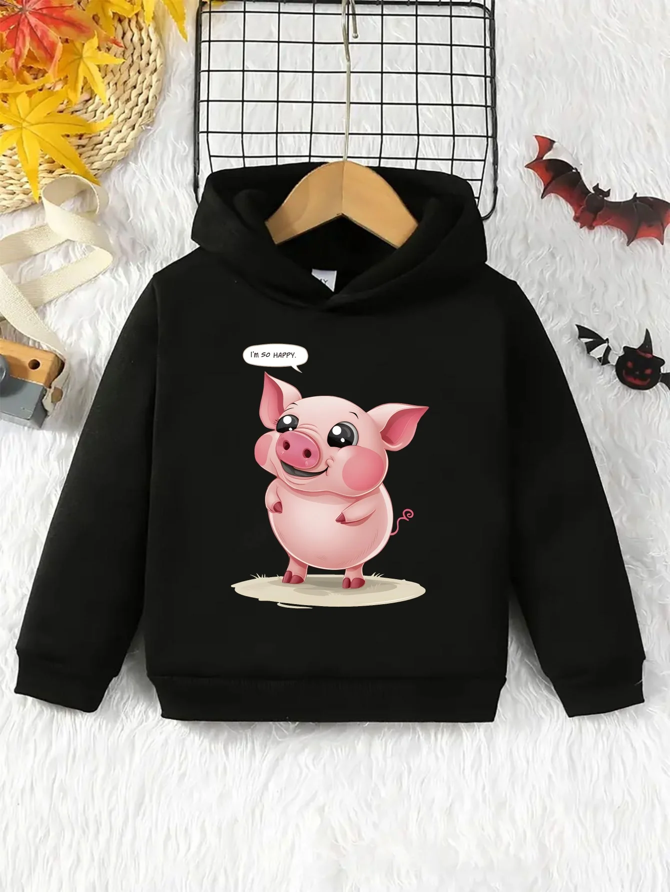 6 13 PIG I M SO HAPPY Boys' Casual Long-Sleeve Hoodie, Autumn And Winter Sports Shirt for Boys, Outdoor Hoodie Top