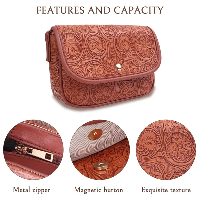 Tas Selempang Wanita Kulit Model Lipat Klasik Bentuk Kotak Kecil Motif Bunga Fashion 2025, Tas Multifungsi untuk Kerja