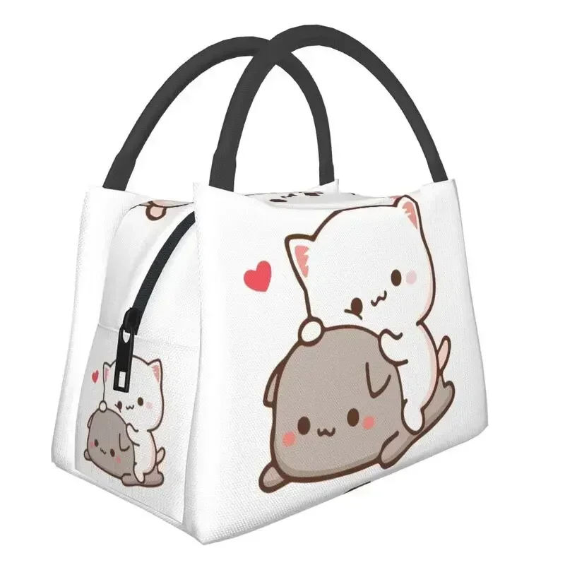 Peach Sitting On Goma Thermal Insulated Lunch Bags Women Cute Mochi Cat Portable Lunch Tote Travel Multifunction Meal Food Box