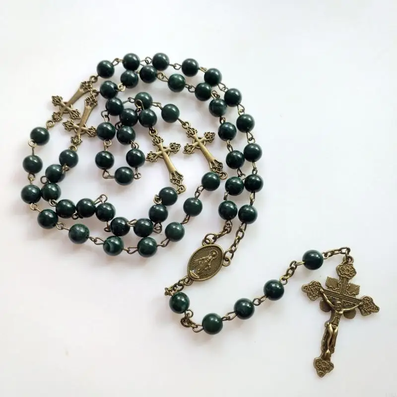 N5KA Green Pearl Beads Rosary Necklace with & for Cross Crucifix Pendant Y Necklace Jewelry Gifts for Women Men