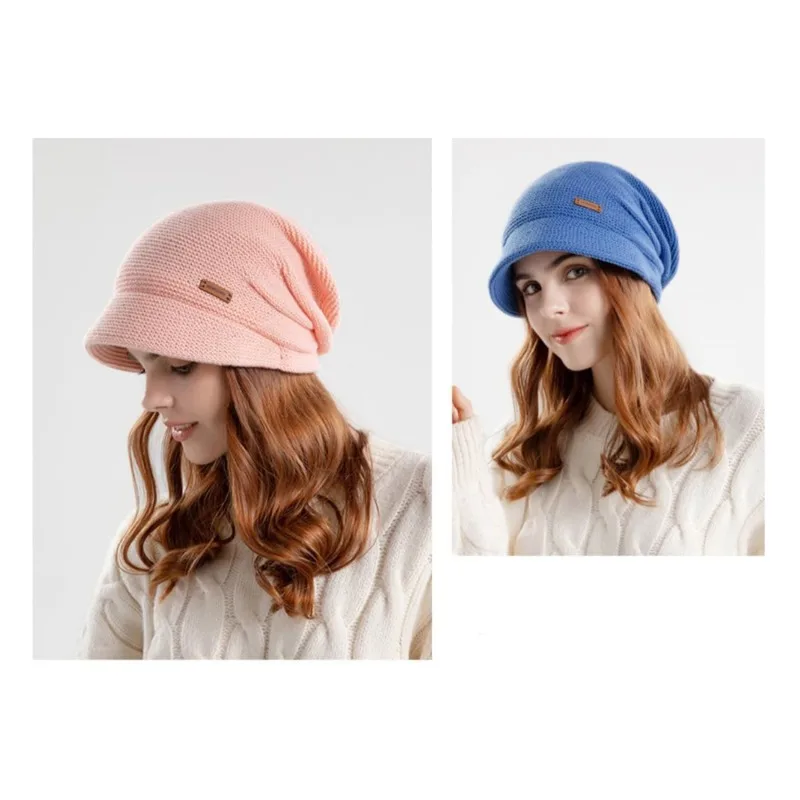 Gorro tejido de invierno para mujer, gorro holgado grueso y cálido con viseras, gorra de béisbol informal de ala ancha para mujer, gorro con protección para los oídos