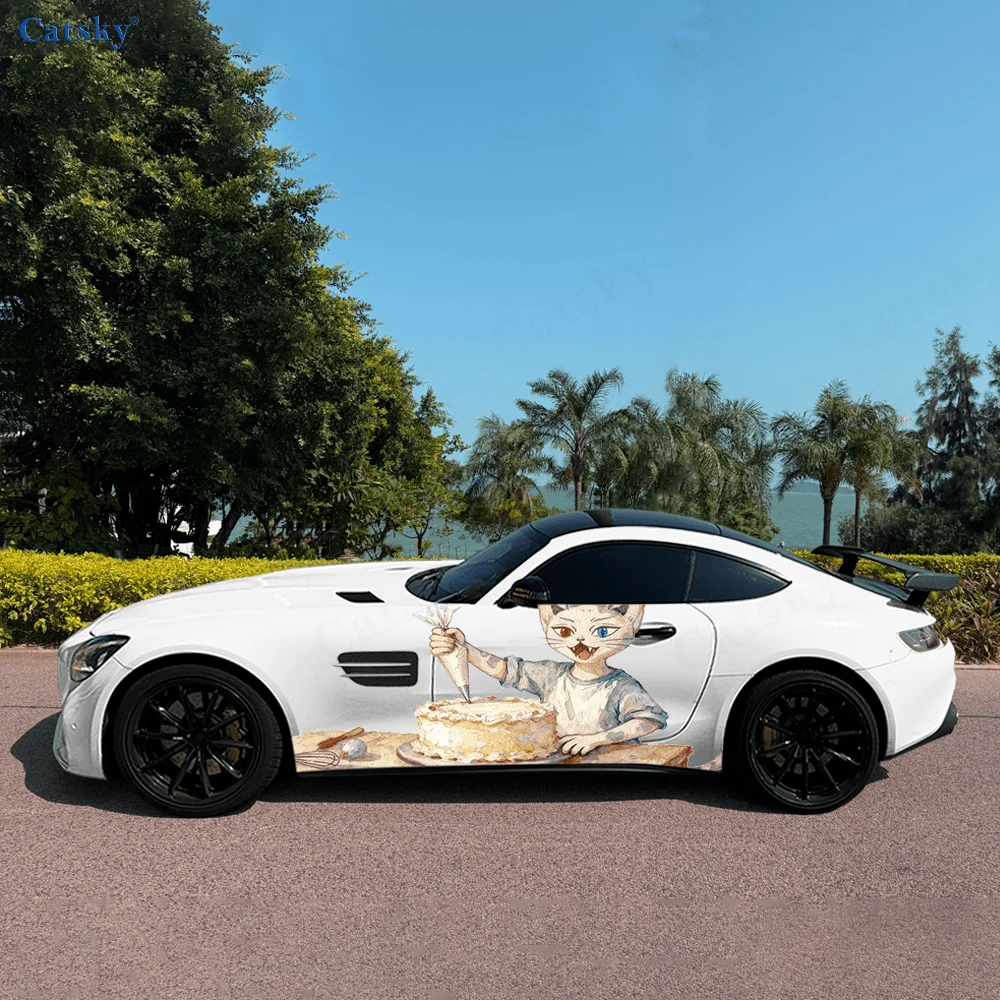 

White Cat Makes Cake Car Vinyl Wraps Decal Self-adhesive PVC Sticker Suitable for Trucks SUV Decoration Auto Accessories Gift