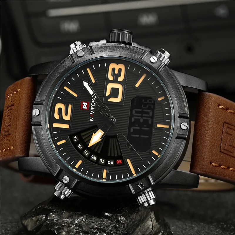 NAVIFORCE Men Watch Digital Sport Mens WristWatch Top Brand Luxury Military Army Leather Band Analog LED Quartz Male Clock 9095