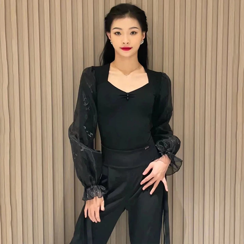 เสื้อเต้นรำละตินแขนยาวลายนางฟ้าผ้าโปร่งบางสำหรับผู้หญิงเสื้อผ้าเต้นรำบอลรูมสำหรับการแสดงวอลซ์ L13392ชุดรัดรูปสีฟ้าสีแดงสีดำ