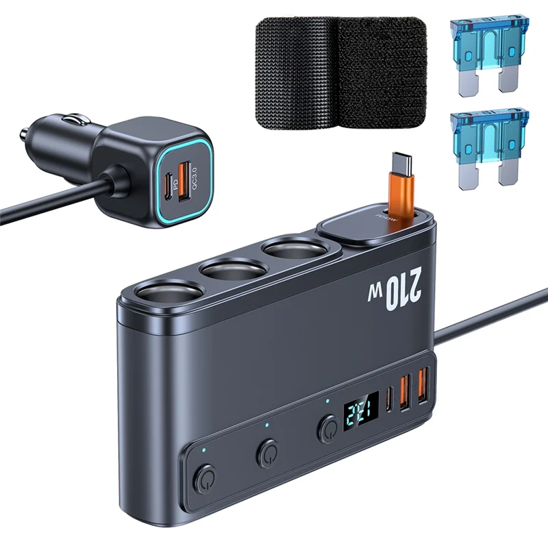 

【СОВЕРШЕННО НОВЫЙ】адаптер автомобильного зарядного устройства USB C 12 В/24 В 228 Вт, разветвитель прикуривателя QC3.0 PD45W, светодиодный дисплей напряжения, телескопический кабель
