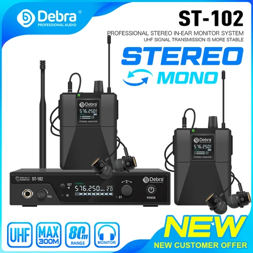 Sistema de monitorización intrauditiva inalámbrico Debra Stereo ST-102 con Bluetooth UHF rango 80-300m para escenario, grabación, instrumentos, baterista
