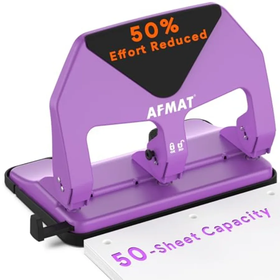 

Heavy Duty 3 Hole Punch 50-Sheet Capacity 50% Reduced Effort Three Hole Puncher for Binder 10K+ Uses Large Chip Tray Adjustable