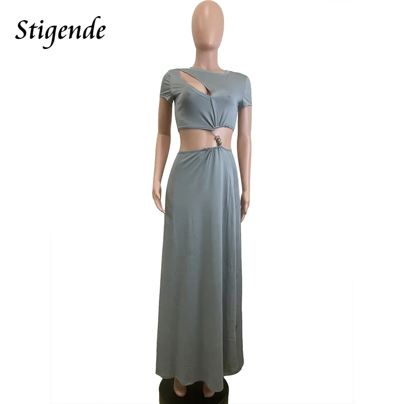 Stigende Women Sexy Patchwork Beading Two Piece Set Open Front Irregular Crop Top and Long Skirt