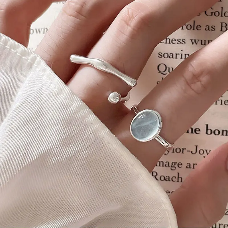 925 Silve Plated Moonstone Irregular Ring for Women Party Gift Adjustabler Personality Korean Dropshipping