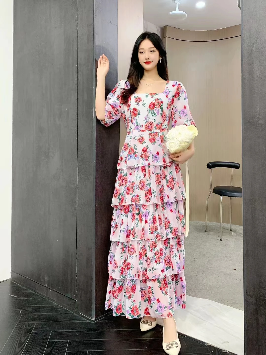 New Spring Summer Women Square Collar Puff Half Sleeve Slim Long Dress Korean Sweet Multi-layer Cake Hem Floral Chiffon Dress