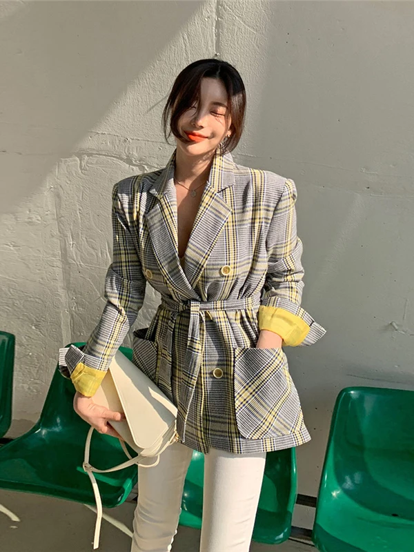 

Plaid Suit Jacket Women's Small Size High-End Casual Lightweight Luxury Unique Design Loose British Style Long Sleeve Coat