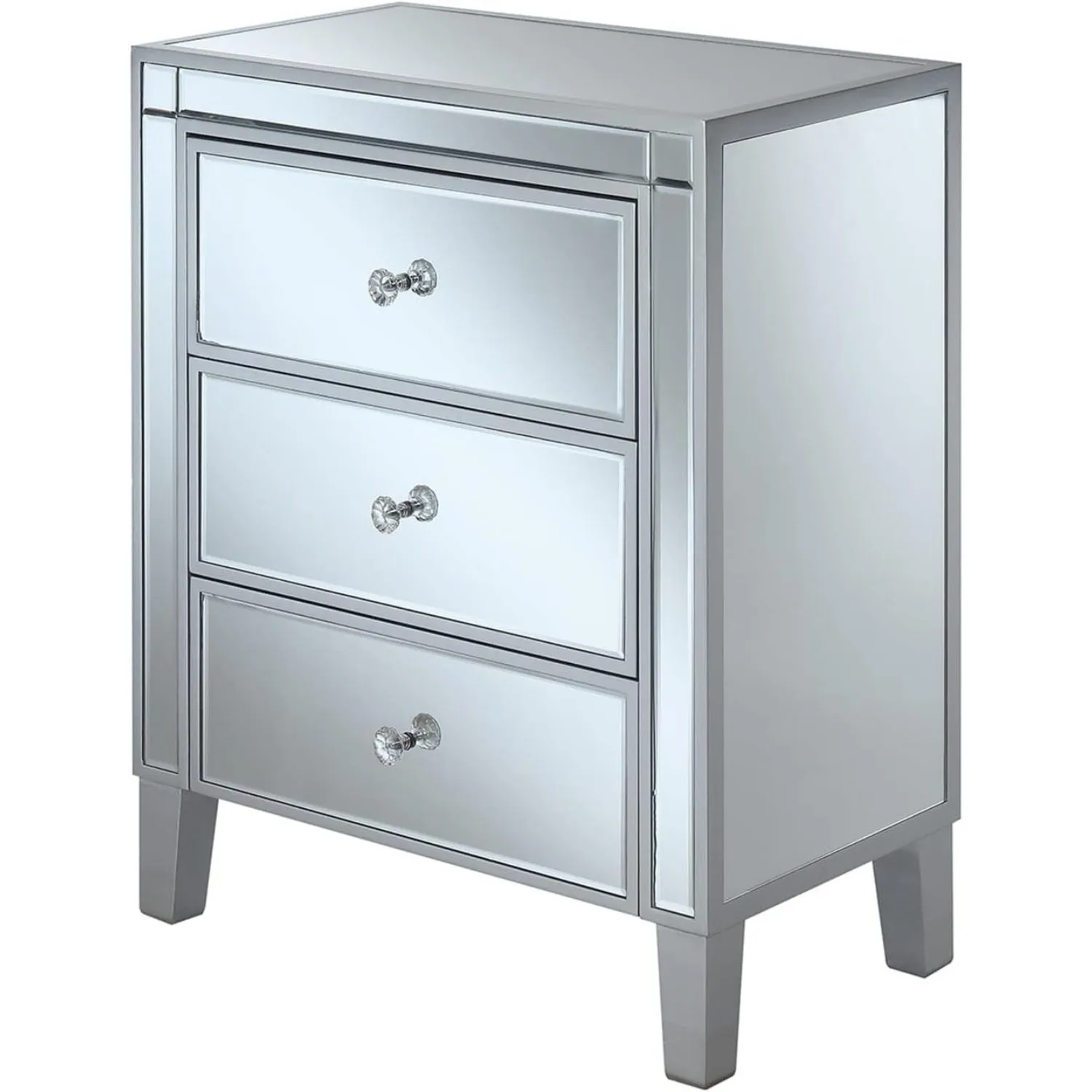 Convenience Concepts Gold Coast Large 3 Drawer Mirrored End Table, Silver / Mirror