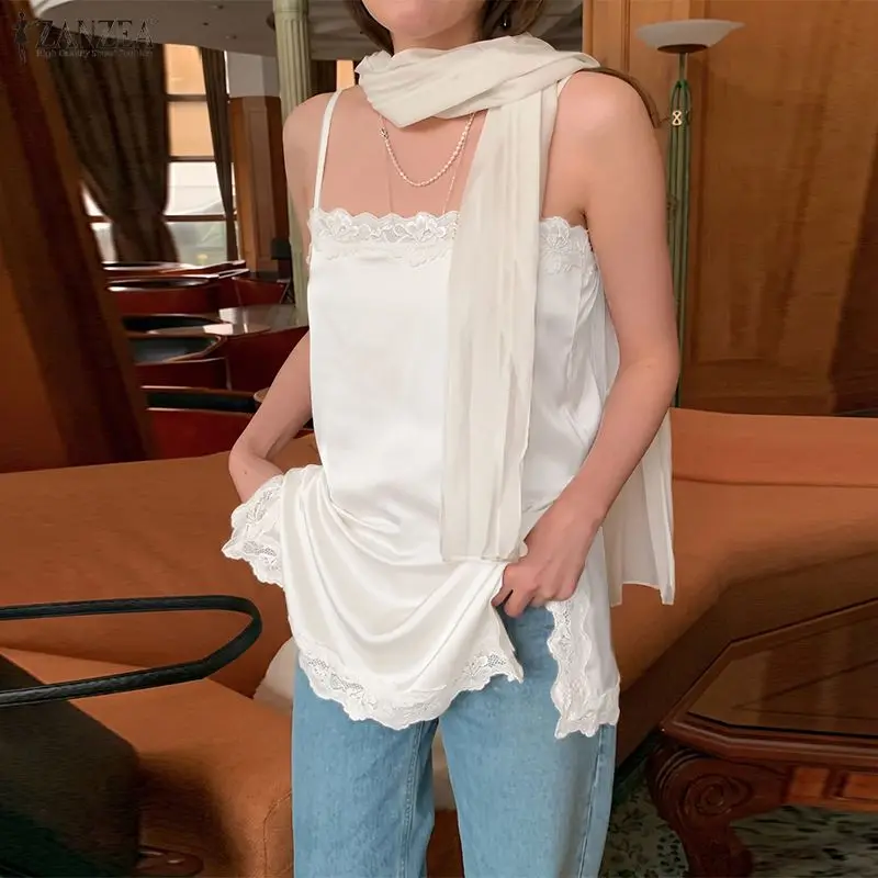 ZANZEA Elegant Lace Trim Satin Tank Top Woman Summer Spaghetti Straps Square Neck Slit Hem Sleeveless Tops Date Night Blouses