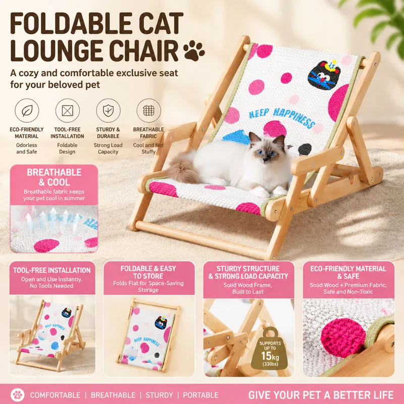

Adjustable Foldable Cat Beach Chair Portable Pet Lounger Breathable Cat Hammock Solid Wood Frame for Small Dogs Cats Indoor Outd