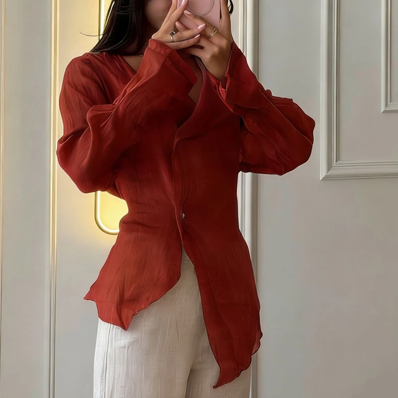 Blusas elegantes con cordones para oficina, ropa de calle informal de Color sólido, camisetas para mujer, camiseta Irregular de manga larga con cuello en V a la moda