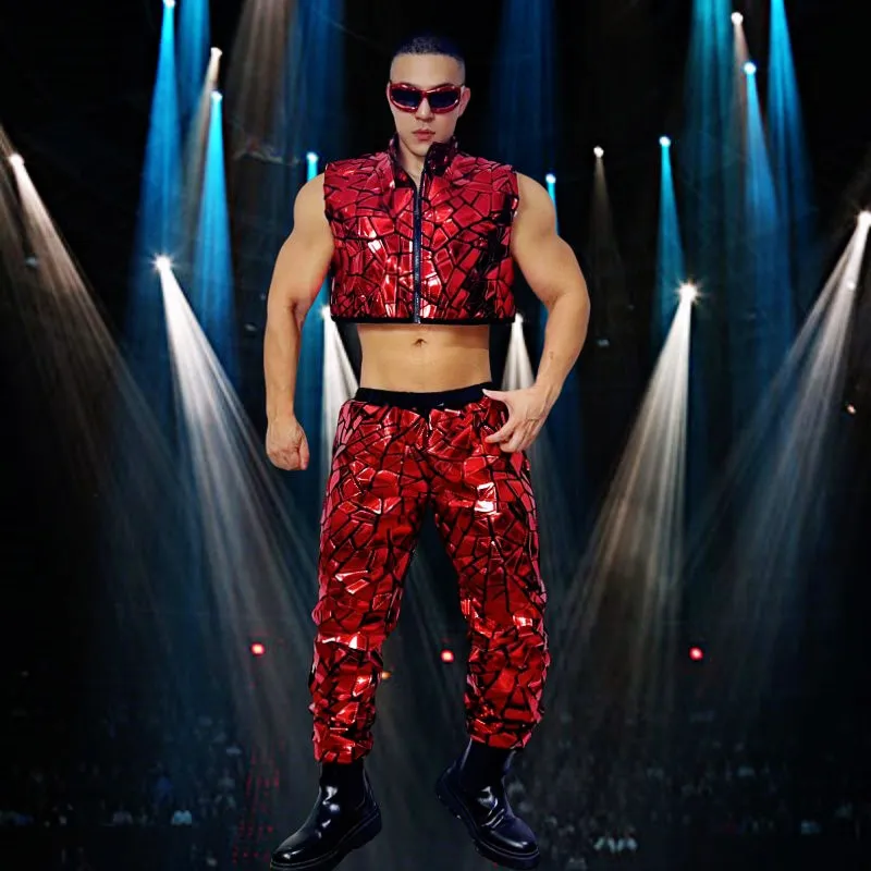 

Men Glitter Laser Sequins Vest Pants Jazz Dance Outfit Hip Hop Costume Bar Nightclub Gogo Costume DJ Singer Band Show Stage Wear