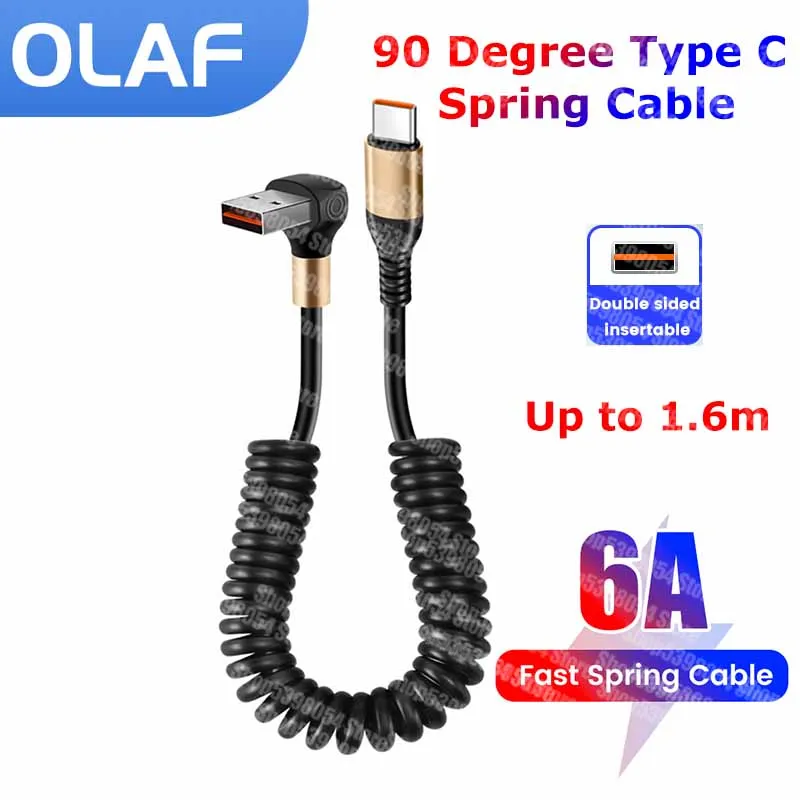 

90 Degree Elbow Type C Spring Cable 6A USB Type C Data Cable For Samsung Xiaomi Huawei Telescopic Car Phone Charger USB C Cable