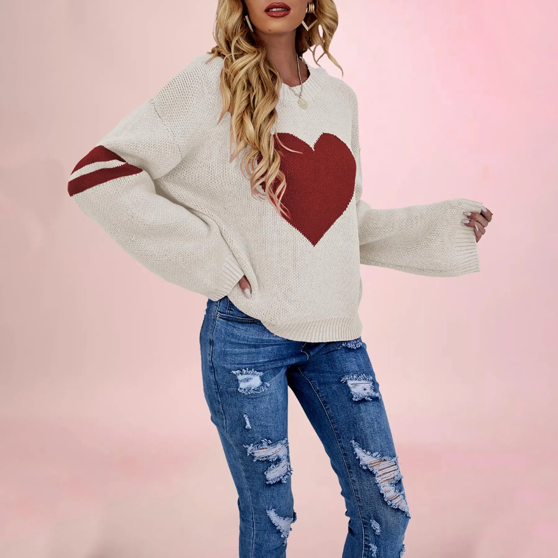 

2025 Winter New Sle Cross-Border Vntine's Day Women's Loose round Ne Overhead Sweater Heart Pattern Long Sve Thiened