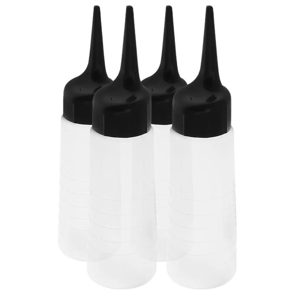 

4 шт., бутылки для нанесения краски волос, дизайн с наклонным кончиком, простой контроль, точное дозирование, прозрачный корпус, прочный материал