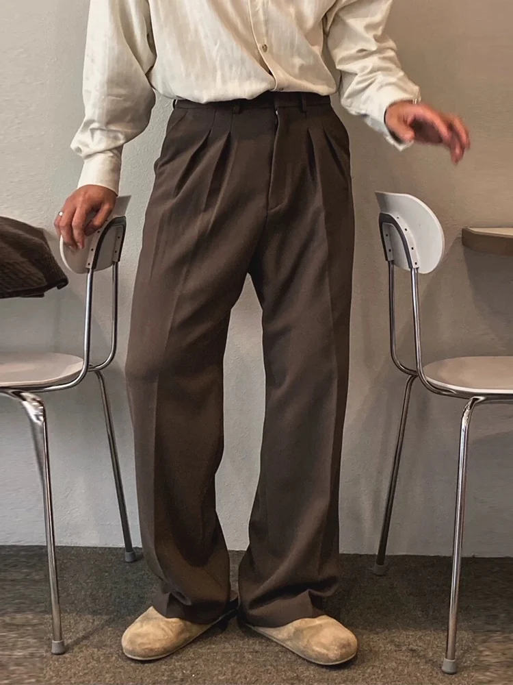 Cafe Brown Casual Workwear Men's Straight Leg Pants No Ironing Required Comfortable Loose Fit American Retro Style