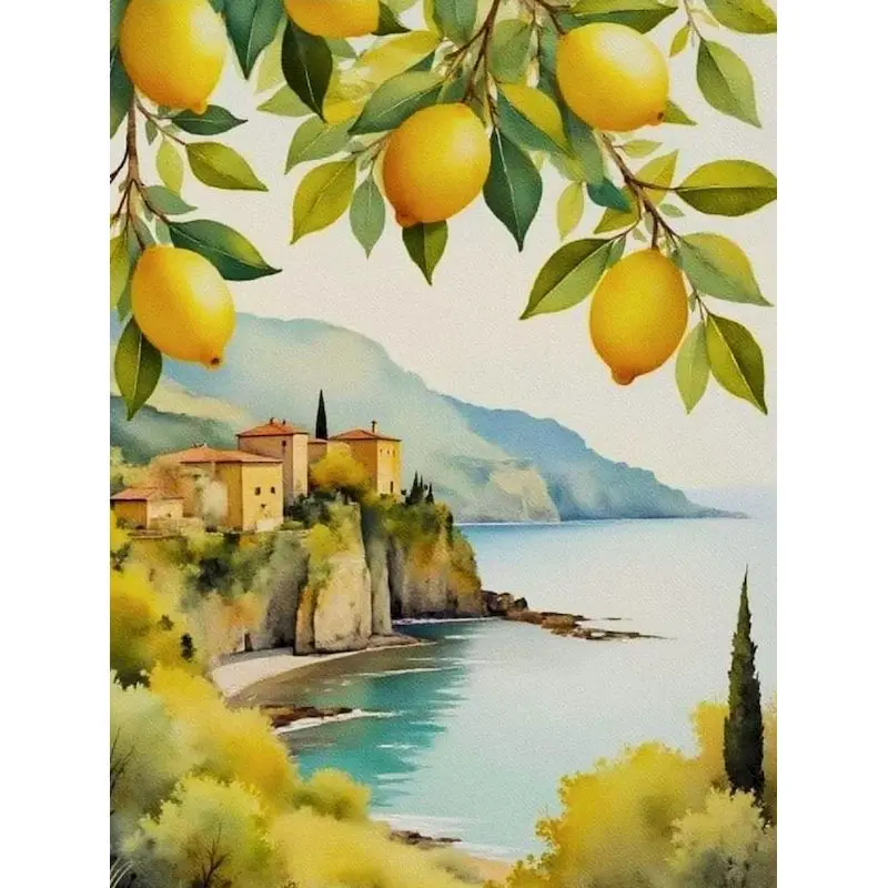 

SDOYUNO Lemon Tree Oil Painting By Number Kits For Adults Handpainted DIY Coloring By Number Coastal Village On Canvas Home Deco