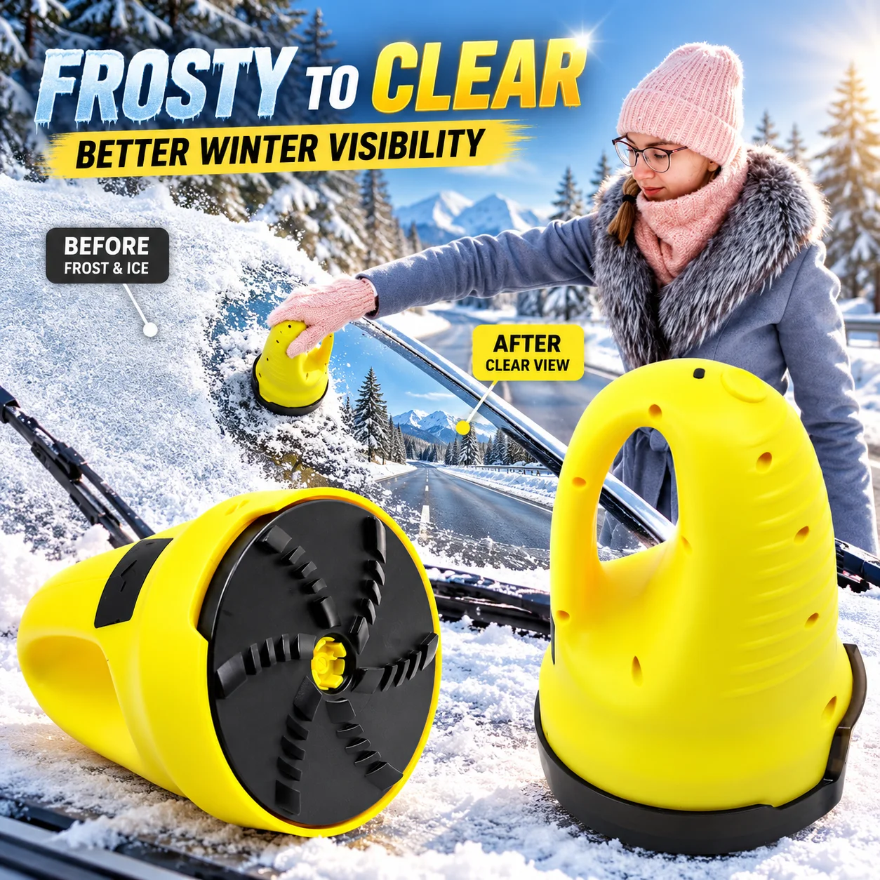 Electric Windshield Snow Remover, Yellow Car Glass De-Icer, Frost Scraper, Winter Window Cleaning Tools for Ice and Snow Removal