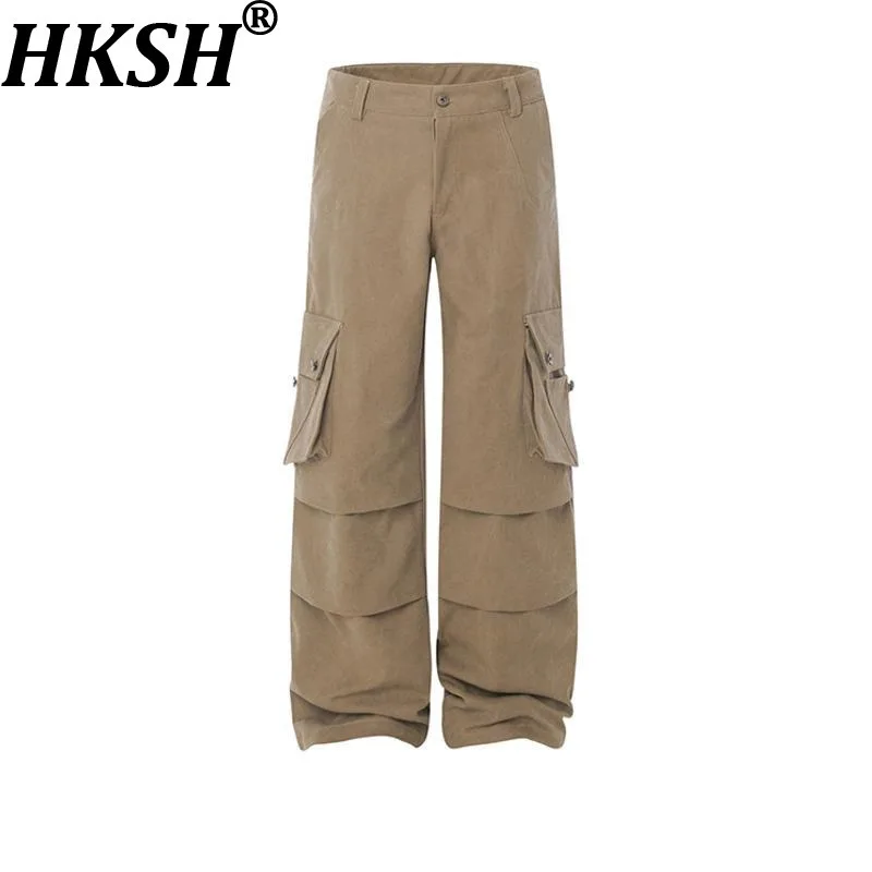 

HKSH Spring Autumn New Men's Tide Original Design Vintage Washed Large Pockets Wide Leg Loose Chic Casual Cargo Pants Ins HK6428